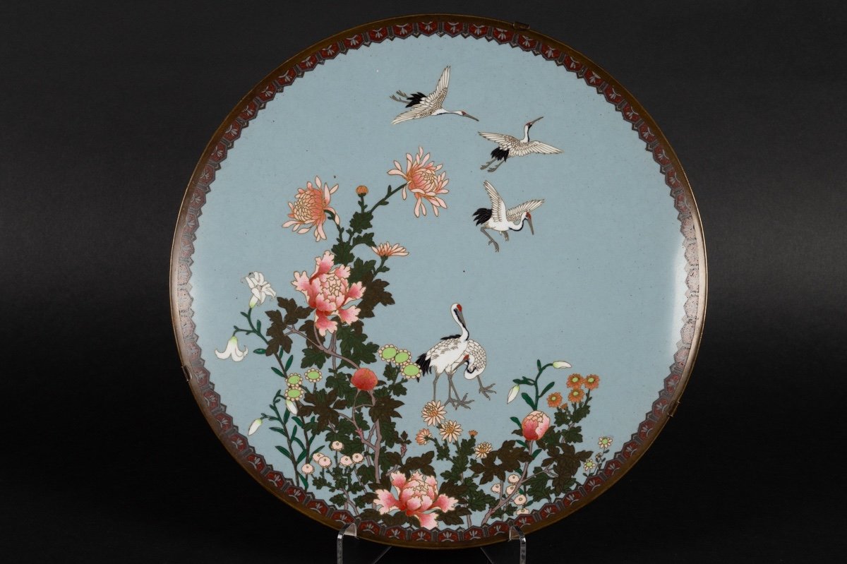 Plat à Grues, Cloisonné, Japon, ère Meiji (1868-1912).  -photo-2