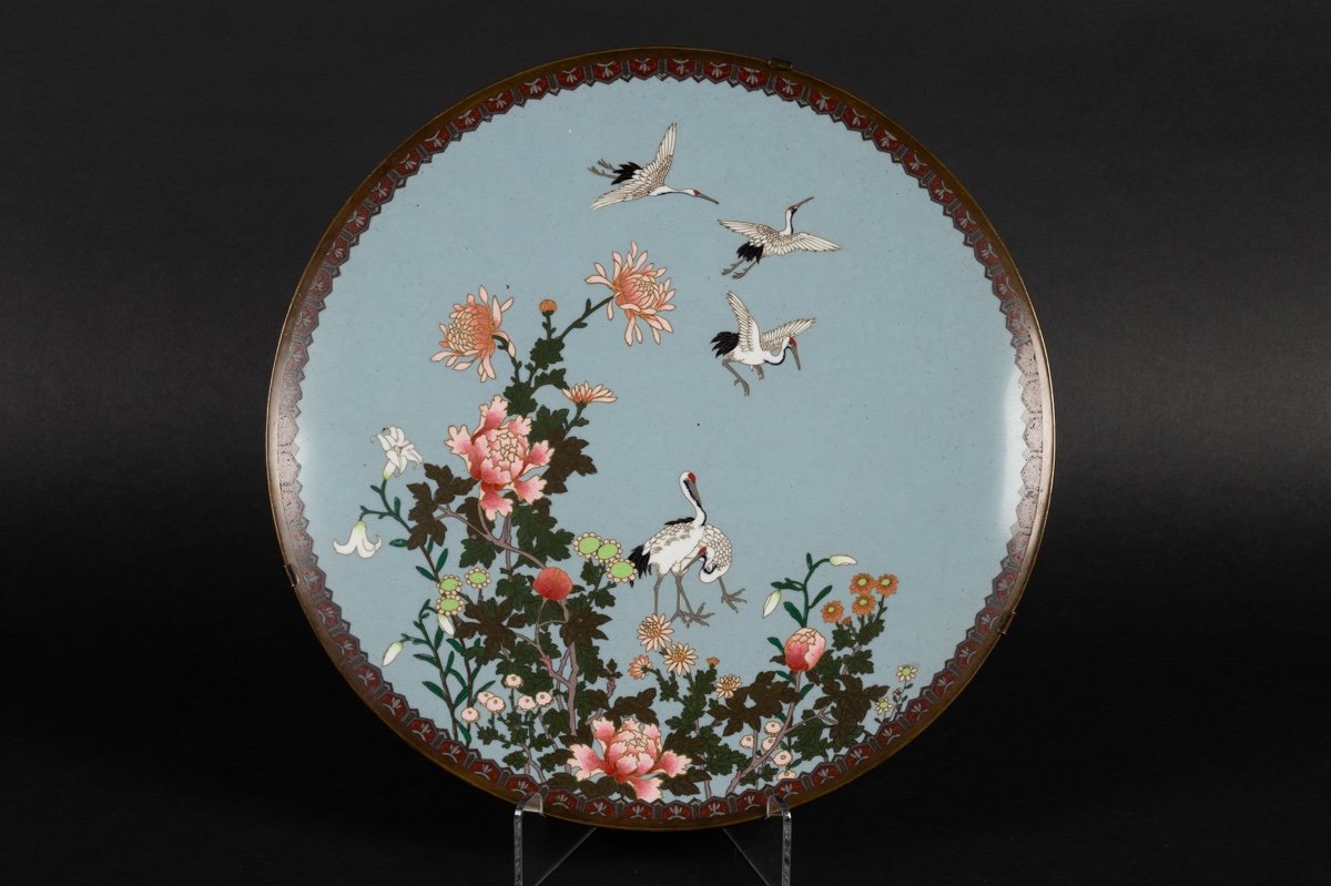 Plat à Grues, Cloisonné, Japon, ère Meiji (1868-1912).  