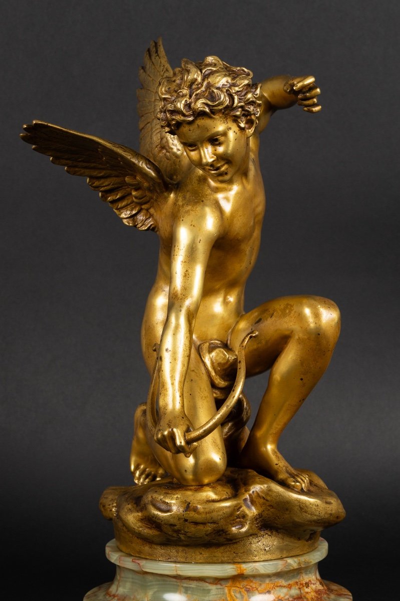 Cupid With A Bow, Laurent-honoré Marqueste, Gilded Bronze, Paris, Siot Decauville, 19th Century. -photo-2