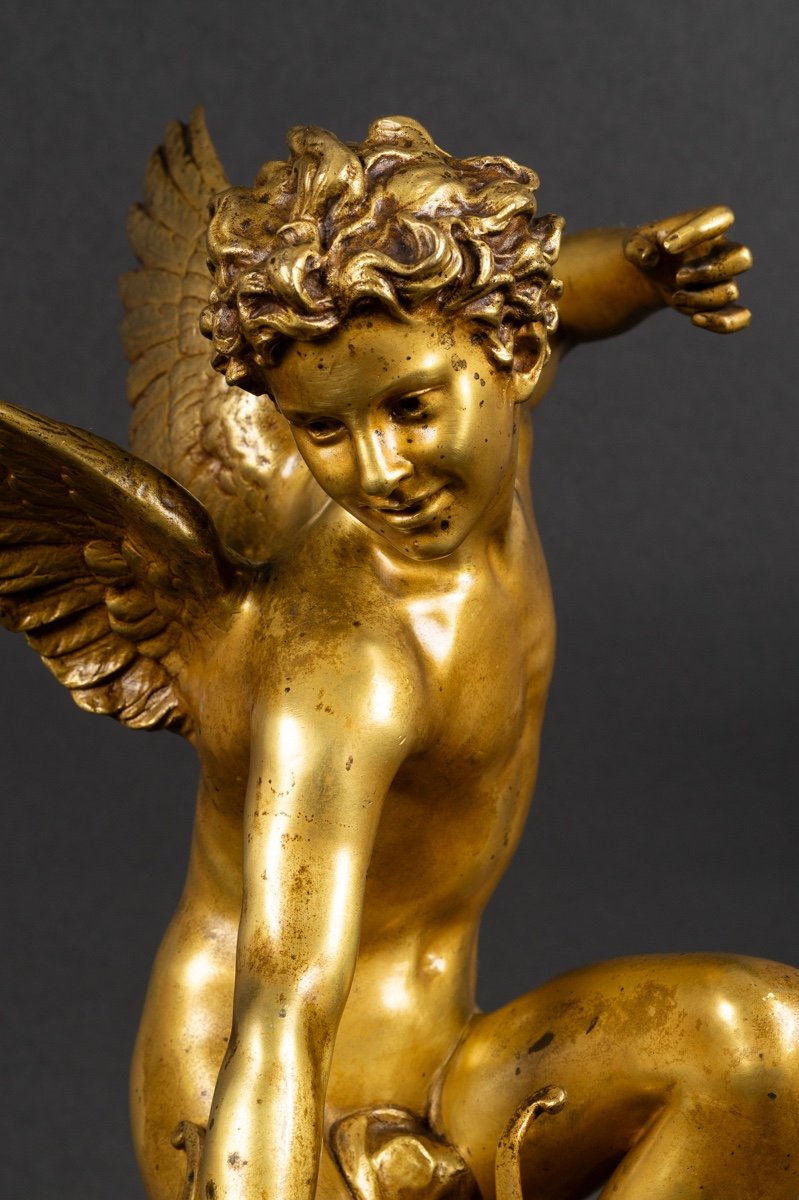 Cupid With A Bow, Laurent-honoré Marqueste, Gilded Bronze, Paris, Siot Decauville, 19th Century. -photo-3