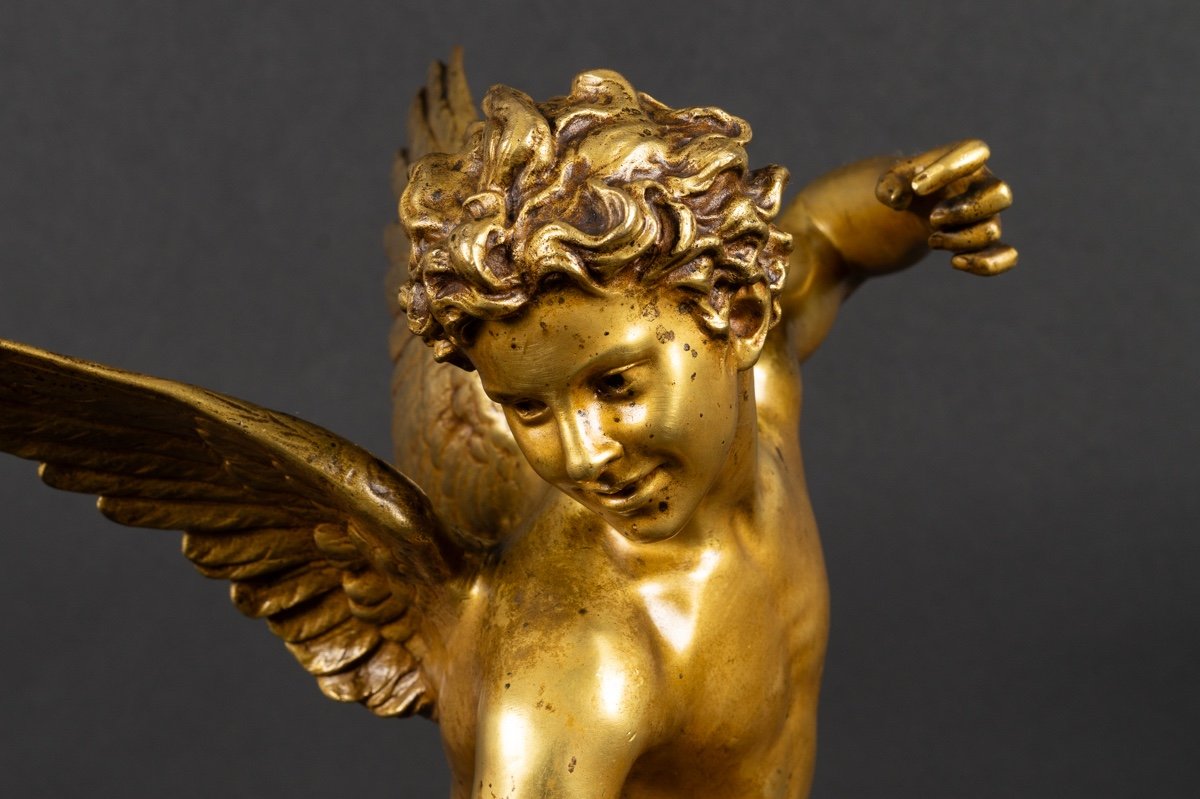 Cupid With A Bow, Laurent-honoré Marqueste, Gilded Bronze, Paris, Siot Decauville, 19th Century. -photo-4