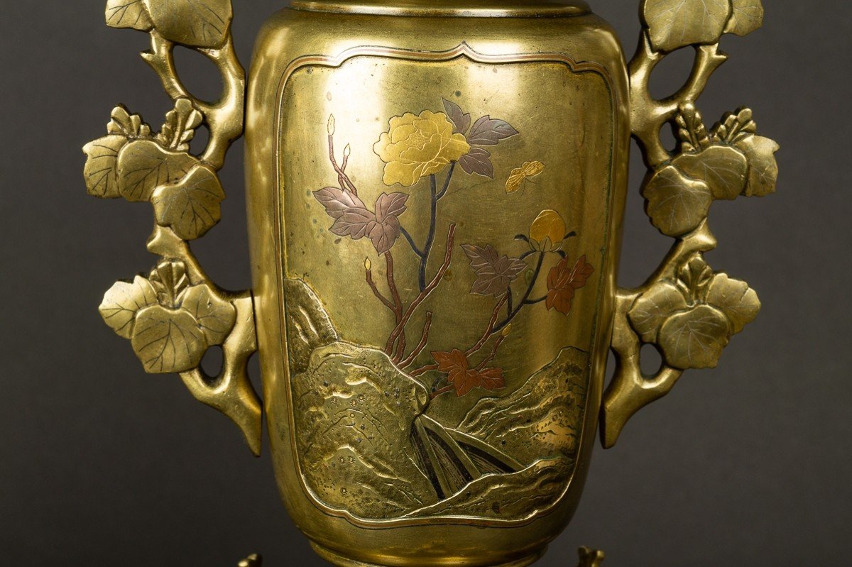 Pair Of Usubata Vases, Japan Circa 1880, Bronze - Gold - Silver-photo-4