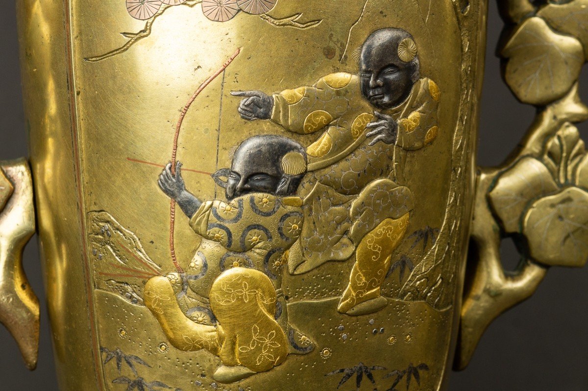 Pair Of Usubata Vases, Japan Circa 1880, Bronze - Gold - Silver-photo-7