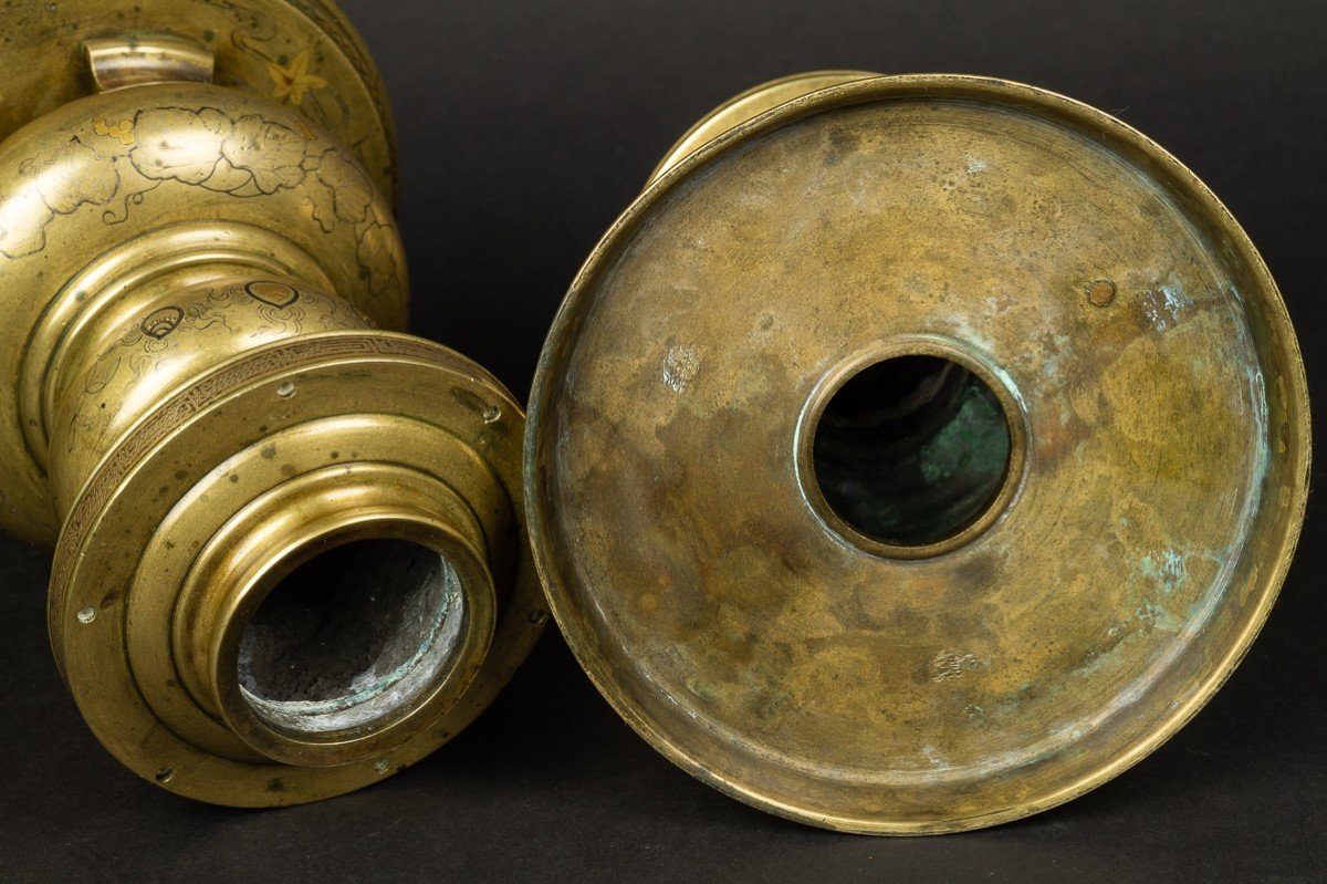 Pair Of Usubata Vases, Japan Circa 1880, Bronze - Gold - Silver-photo-8