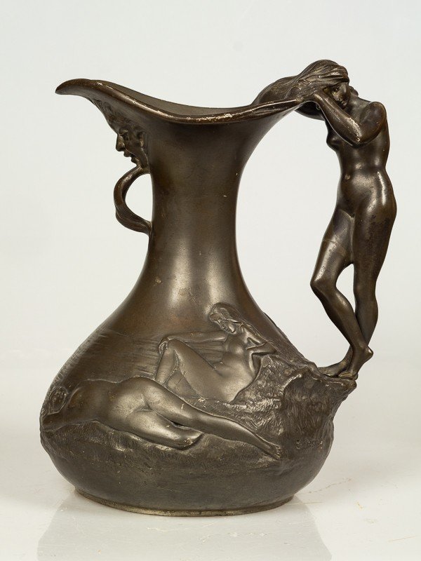 Pichet Avec Nymphes, Charles Perron, étain, Art Nouveau 