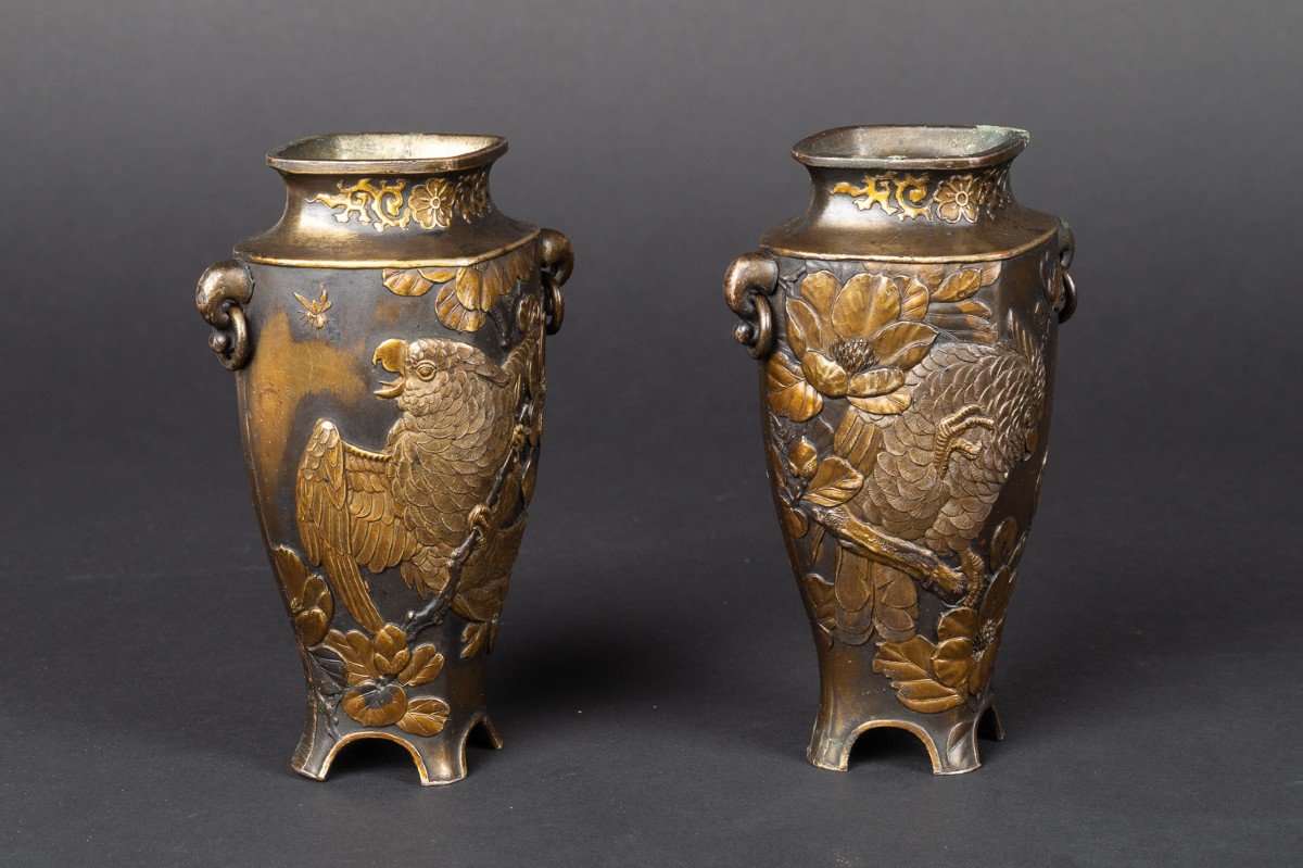 Paire De Vases Avec Perroquets, Japon, ère Meji (1868-1912) -photo-2