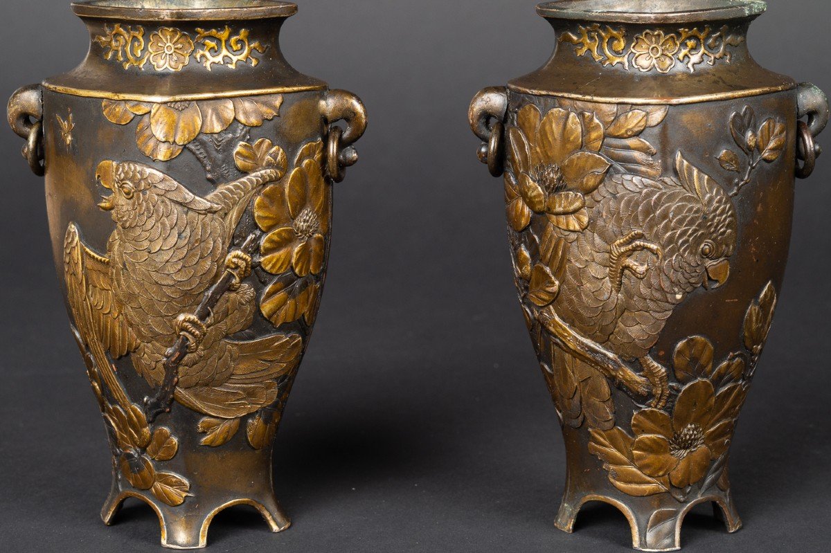 Paire De Vases Avec Perroquets, Japon, ère Meji (1868-1912) -photo-4