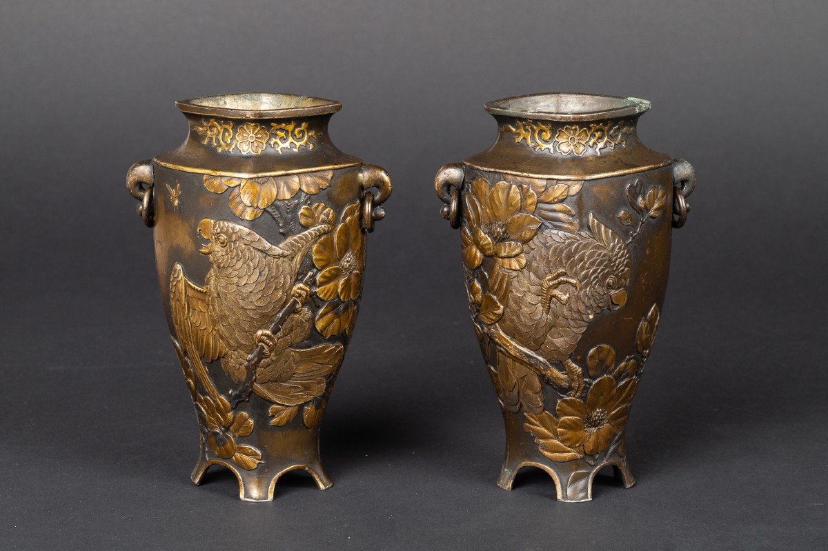 Paire De Vases Avec Perroquets, Japon, ère Meji (1868-1912) 