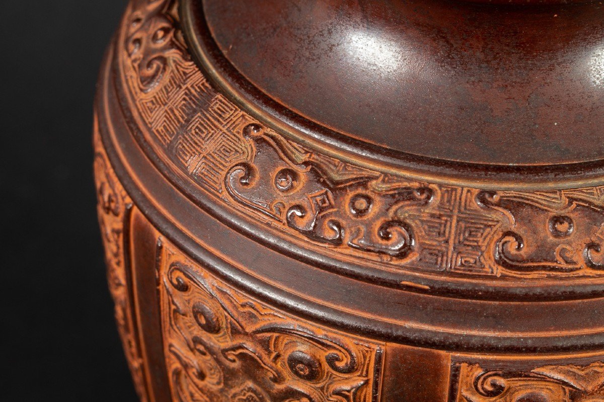 Vase Archaïque, Bronze Patiné, Japon, ère Meiji (1868-1912)  -photo-3