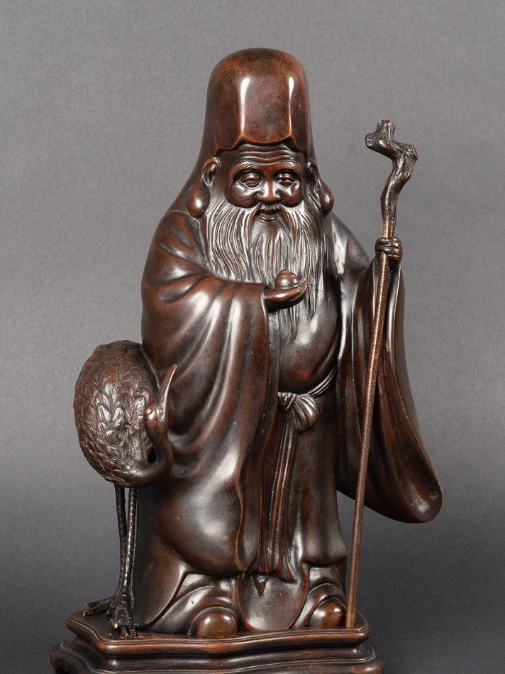 Fukurokuju Avec Grue, Okimono En Bronze, Japon, ère Meiji (1868-1912)  -photo-1