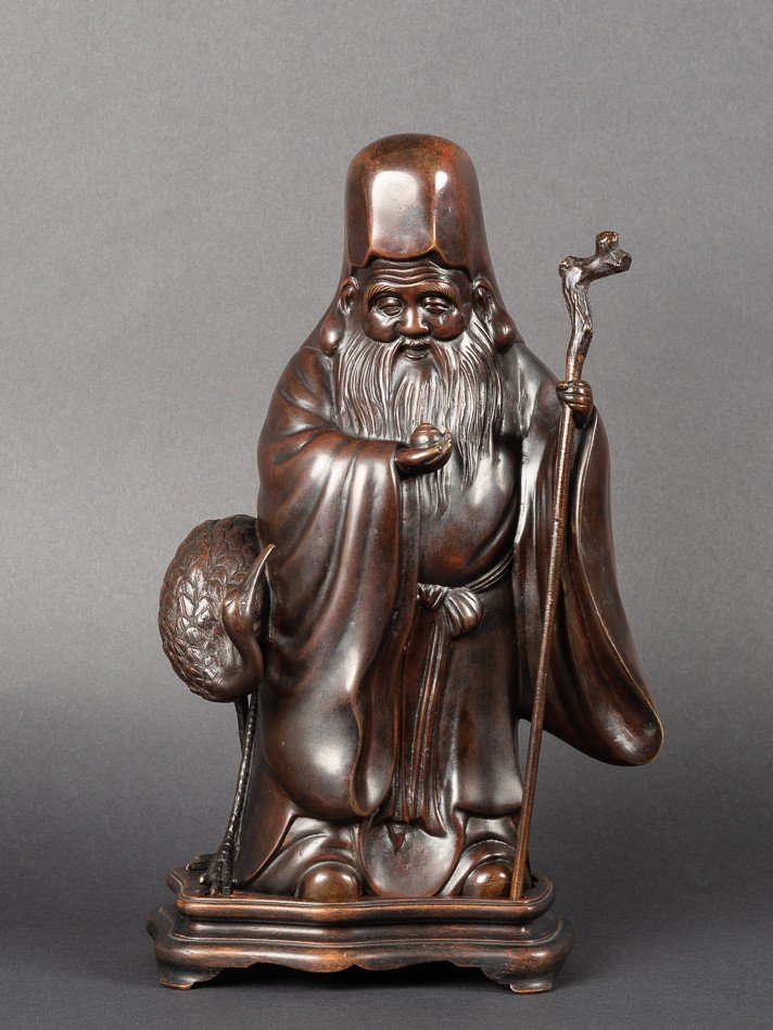 Fukurokuju Avec Grue, Okimono En Bronze, Japon, ère Meiji (1868-1912)  