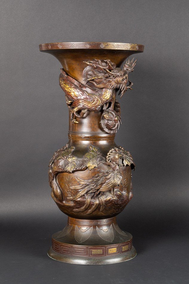 Grand Vase Avec Dragon Et Phénix, ère Meiji Japon 19e Siècle -photo-2