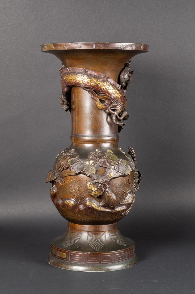 Grand Vase Avec Dragon Et Phénix, ère Meiji Japon 19e Siècle -photo-3