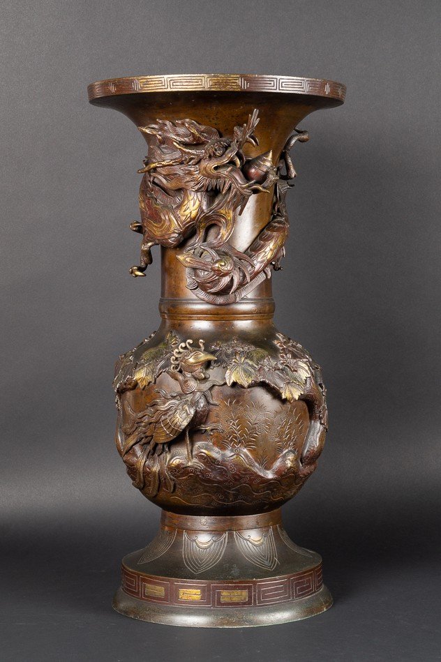 Grand Vase Avec Dragon Et Phénix, ère Meiji Japon 19e Siècle 