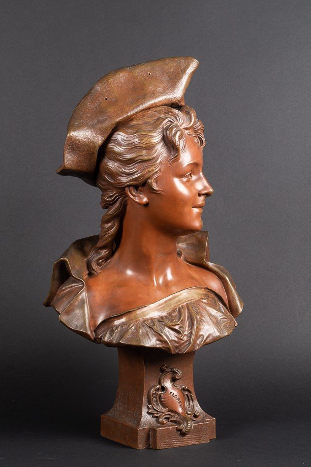 Buste De Dame à Chapeau, Émile Pinedo (1840-1916), Bronze, France, Fin Du XIXe Siècle. -photo-2