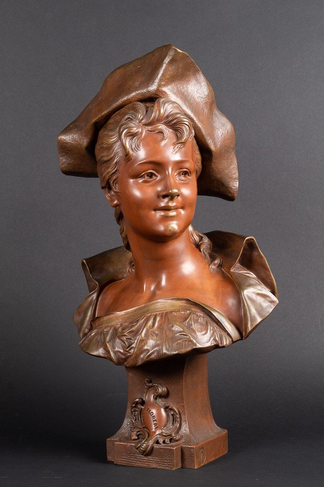 Buste De Dame à Chapeau, Émile Pinedo (1840-1916), Bronze, France, Fin Du XIXe Siècle. -photo-3