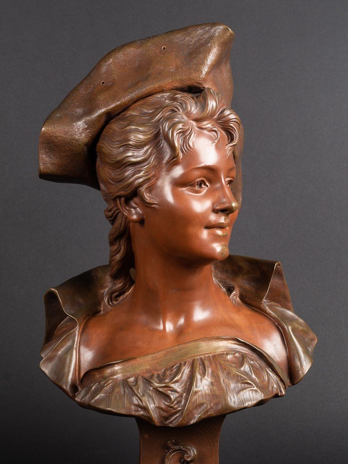 Buste De Dame à Chapeau, Émile Pinedo (1840-1916), Bronze, France, Fin Du XIXe Siècle. -photo-1