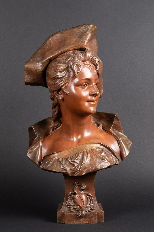 Buste De Dame à Chapeau, Émile Pinedo (1840-1916), Bronze, France, Fin Du XIXe Siècle. 