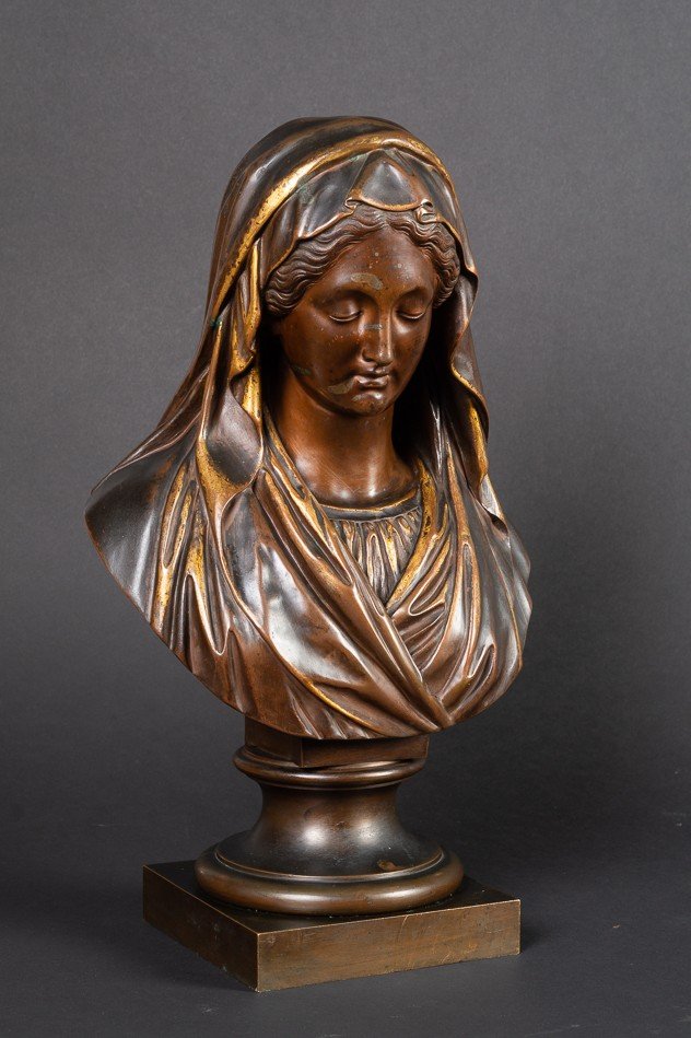 Bust Of The Virgin, "roma", Société Des Bronzes De Paris, Late 19th Century-photo-2