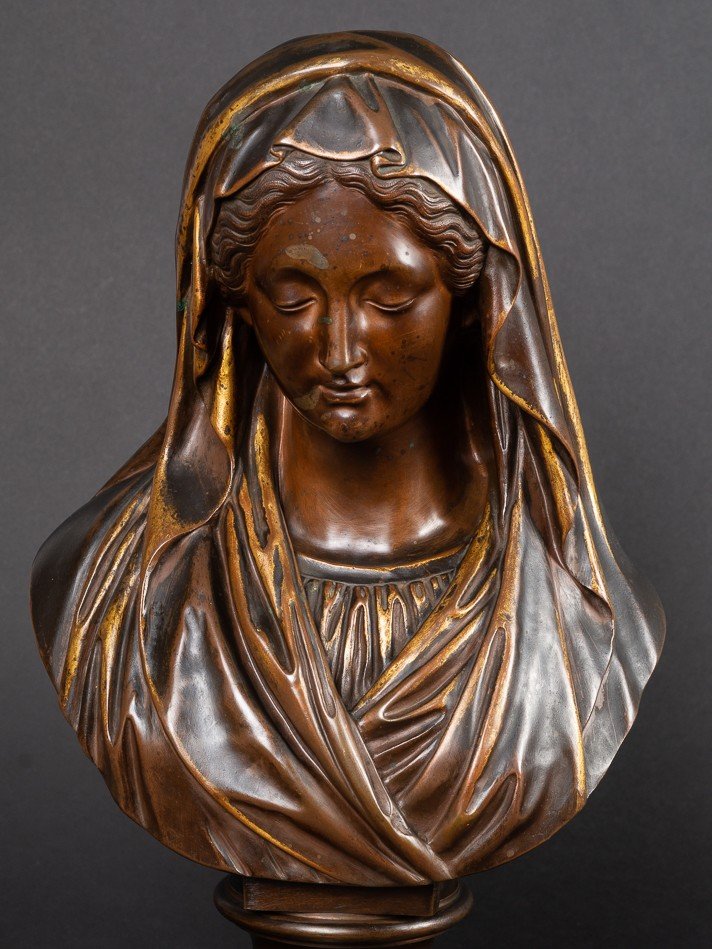 Bust Of The Virgin, "roma", Société Des Bronzes De Paris, Late 19th Century-photo-2