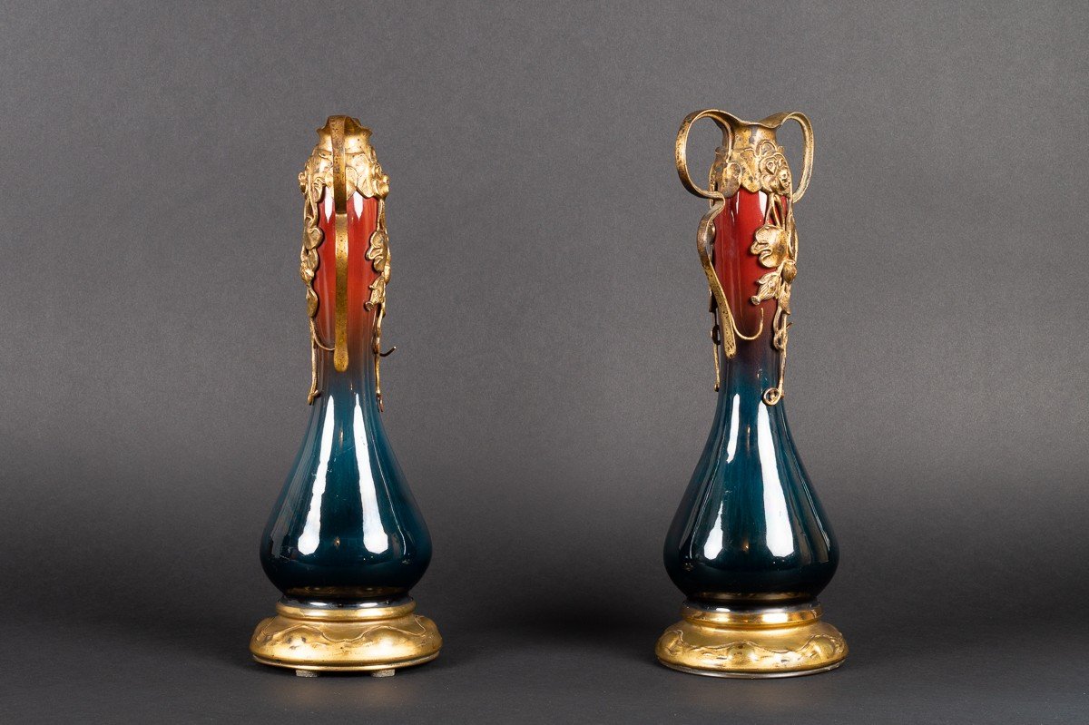 Pair Of Vases, Art Nouveau, Ceramic And Gilt Bronze, Germany?, Circa 1900.-photo-4
