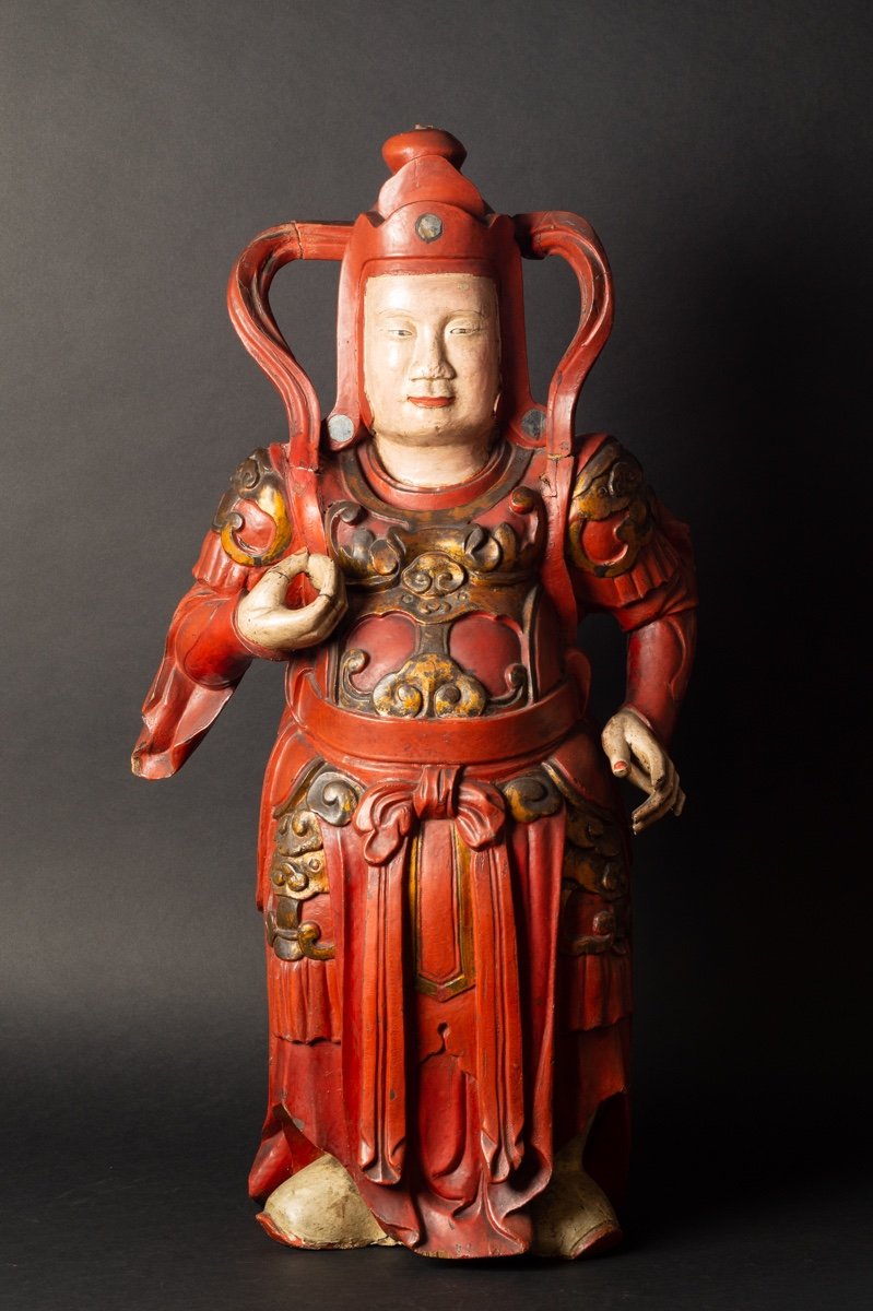 Virudhaka - Heavenly King, Polychrome Wood, China / Vietnam, 18th / 19th Century.