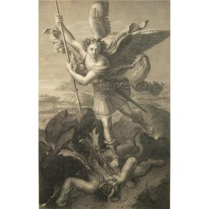 Archangel Saint Michael, Engraving After Raphaël d'Urbino, Henri Guillaume Chatillon (1780-1856),