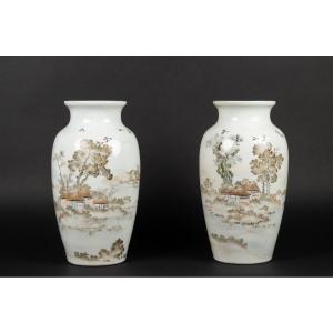 Pair Of Vases With Landscapes, Yamada, Seto / Yokohama, Japan, Meiji Era (1868-1912)