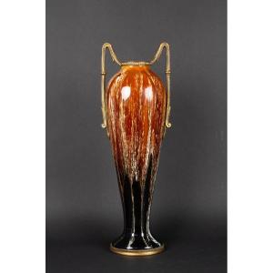 Large Art Deco Vase, Stoneware With Bronze Fittings, France, 1920s