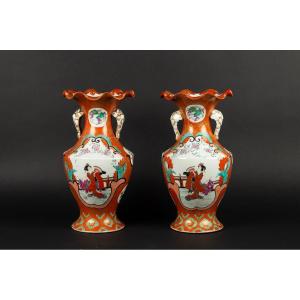 Pair Of Vases With Geisha And Samurai, Kutani, Japan, Meiji Era (1868-1912)