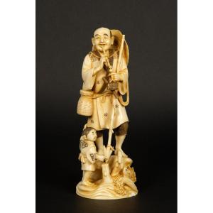 Okimono - Fisherman With Child, Ivory, Japan, Meiji Era (1868-1912)