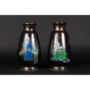 Pair Of Black Glaze Vases, Nishiura Enji (1856-1914), Yokohama, Japan, Meiji Era.