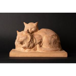 Cats, Terracotta, R. Pollin, Art Deco, France, 1920s/30s.