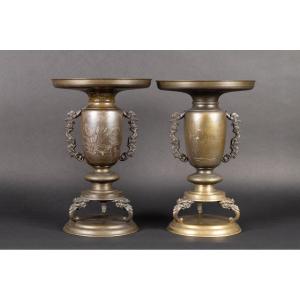 Pair Of Usubata Vases, Bronze - Silver, Japan, Meiji Era (1868-1912).