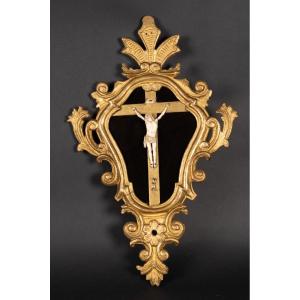 Crucifix In A Gilt Wooden Frame, Louis XV, France, 18th Century. 