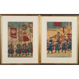 Paire Ukiyo-e Avec Samouraï, Tsukioka Yoshitoshi (1839 - 1892), Japon, ère Edo/meiji, XIXe S.