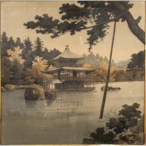 Temple On Water, Yuzen-birodo Embroidery, Japan, Meiji Era (1868-1912).