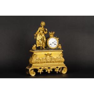 Clock With Lady, Gilt Bronze, Louis Philippe, Desvarieux A Rouen And Gold Medal Pons 1827