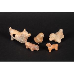 Whistles - Five Animals, Chorrera Culture (1300 - 300 Bc), Ecuador, Pre-columbian Ceramics