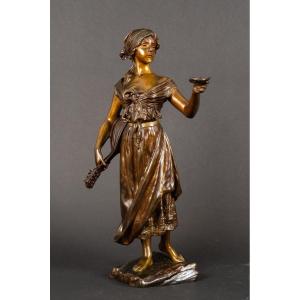 Femme à La Mandoline, Emmanuel Villanis (1858-1914), Bronze, Art Nouveau, Vers 1900. 