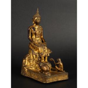 Buddha With Animals, Gilt Bronze, Rattanakosin, Thailand, 19th Century.  