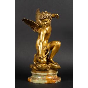 Cupid With A Bow, Laurent-honoré Marqueste, Gilded Bronze, Paris, Siot Decauville, 19th Century. 