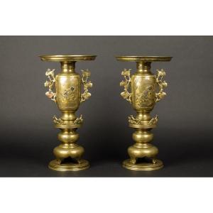 Pair Of Usubata Vases, Japan Circa 1880, Bronze - Gold - Silver