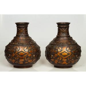 Paire De Vases, Bronze, Chine, Dynastie Qing, XIXe Siècle   