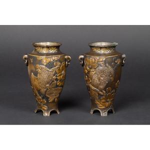 Pair Of Vases With Parrots, Japan, Meji Era (1868-1912)