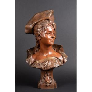 Bust Of Lady With Hat, émile Pinedo (1840-1916), Bronze, France, Late Nineteenth Century.