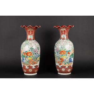 Pair Of Large Vases With Flowers, Japan, Arita - Imari, Meiji Period 