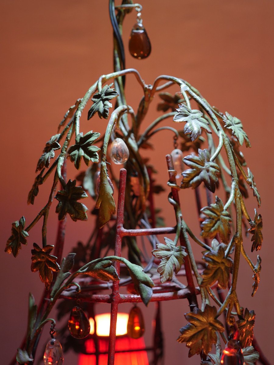 Cage Chandelier In Painted Sheet Metal, Patinated Iron And Pendants-photo-8