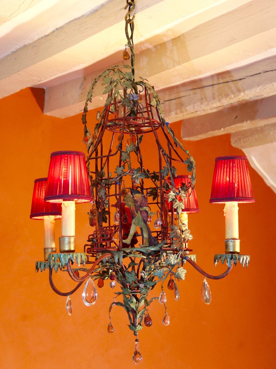 Cage Chandelier In Painted Sheet Metal, Patinated Iron And Pendants