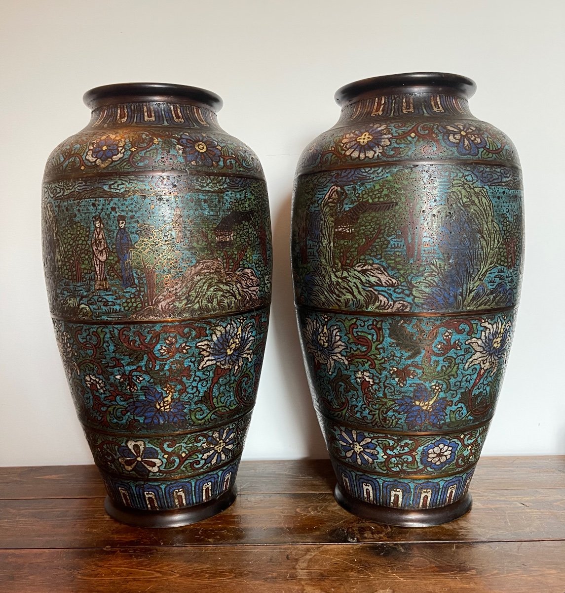 Pair Of Cloisonne Bronze Vases End XIX